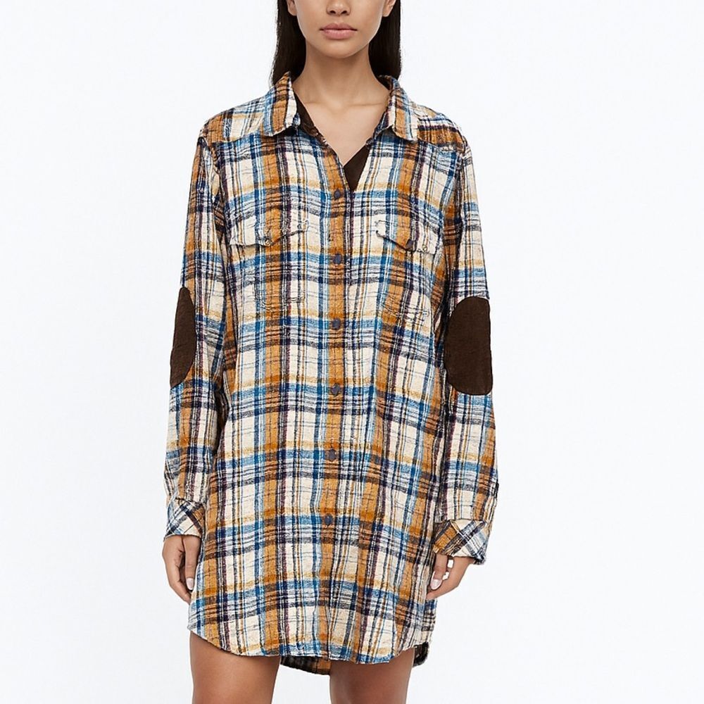 KAVU Plaid Long Shirt Dress XL Flannel Outdoor Western Elbow Patch Tunic Button